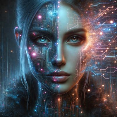 The primary subject of the image is a woman with a futuristic, cyberpunk appearance. She has a mix of human and digital elements, such as a human face and a digital background. The setting is a futuristic environment, possibly a space station or a high-tech city. The visual style is a combination of digital art and illustration, creating a unique and captivating image. The colors and mood of the image are predominantly dark and moody, with a touch of futuristic and technological
